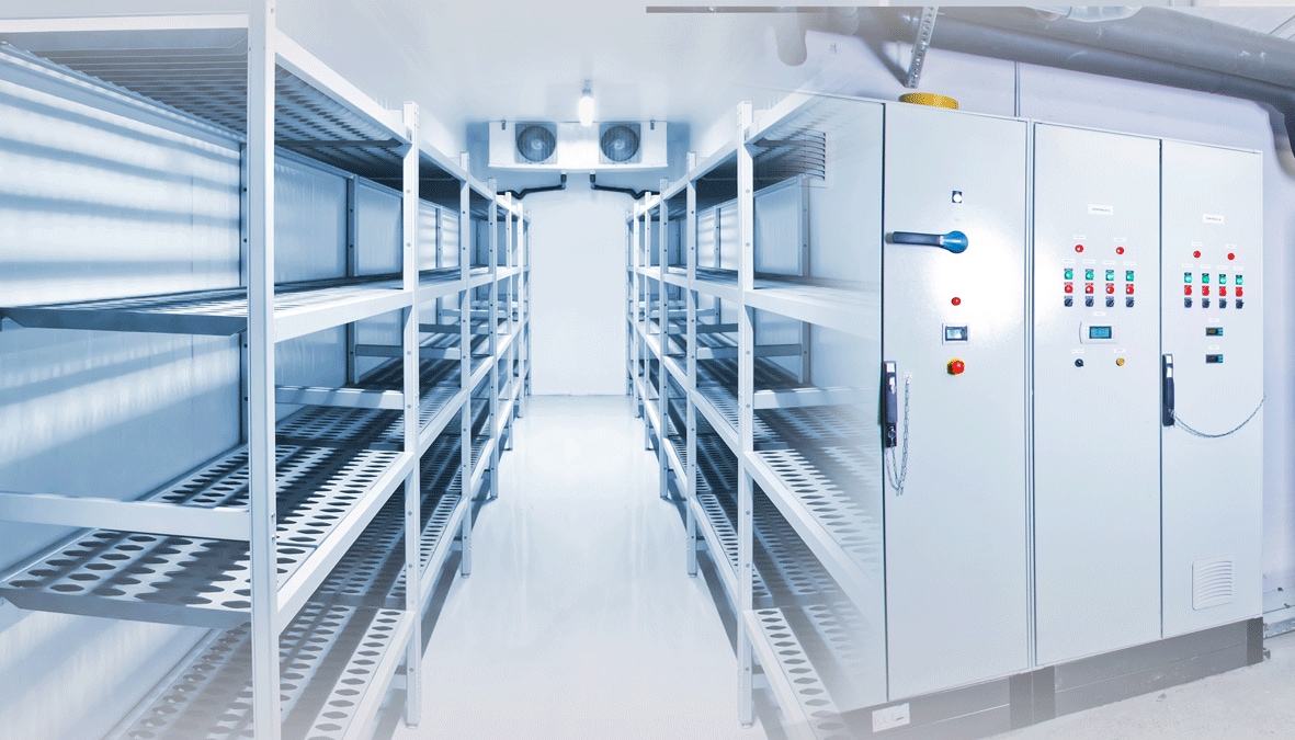 Refrigeration chamber for food storage. Control panels of the refrigerator. Concept - sale of freezing equipment. Equipment for food storage. Cooling. Industrial cold store with empty counters Refrigeration chamber for food storage. Control panels of the refrigerator. Concept - sale of freezing equipment. Equipment for food storage. Cooling. Industrial cold store with empty counters