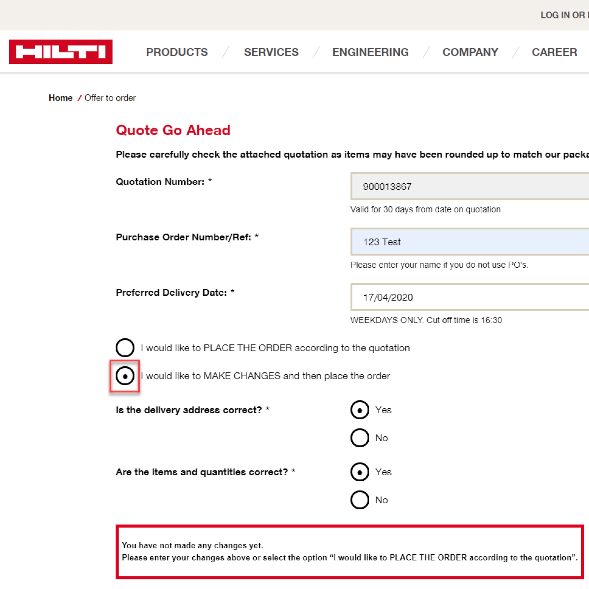 Making changes to a Hilti Quotation