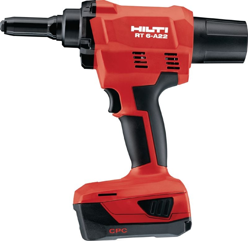 RT 6-A22 Cordless rivet tool 22V cordless rivet tool powered by Li-ion batteries for installation jobs and industrial production using rivets up to 4.8 mm in diameter (up to 5.0 mm for aluminium rivets)